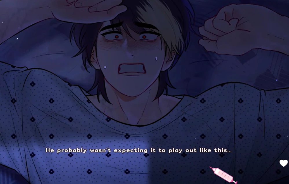 Alarmed character on a pillow in dark blue lighting with hands raised above their head