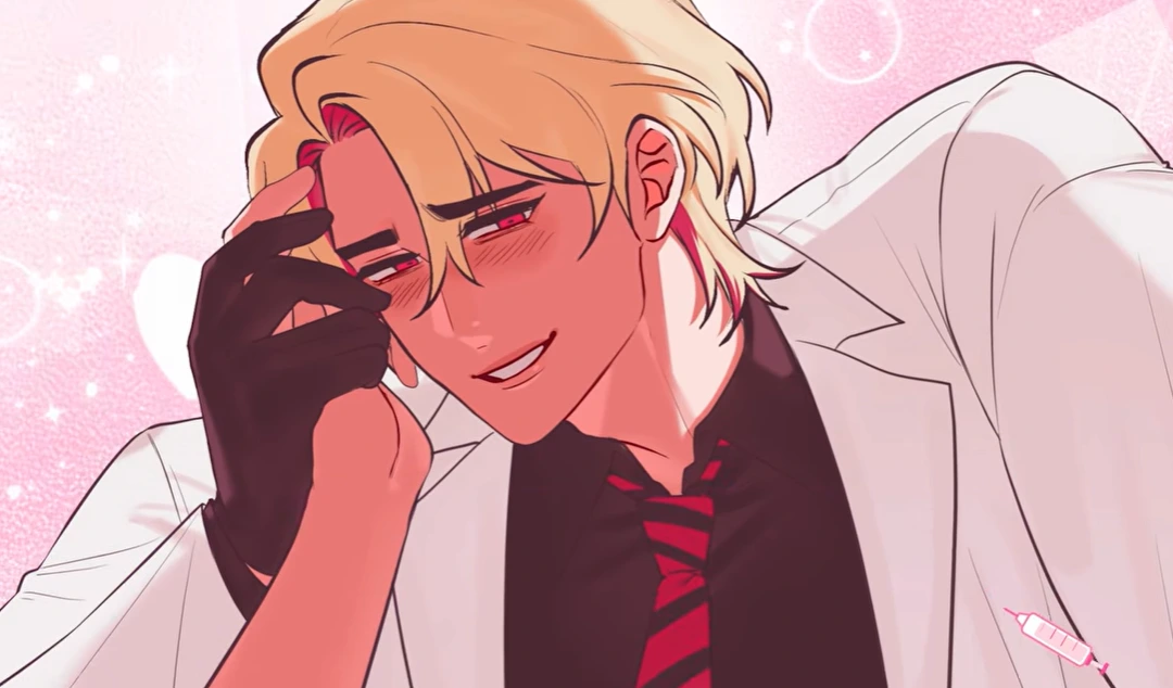 Adrian blushing and touching his forehead with a black-gloved hand against a pink background