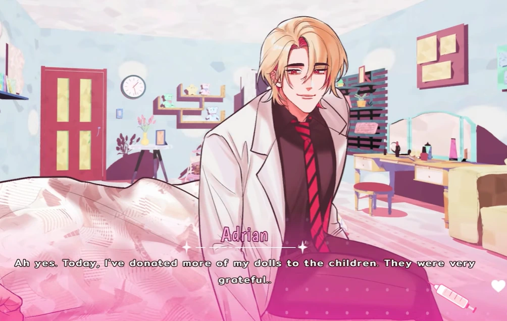 Adrian in a pastel bedroom speaking about giving his dolls to children